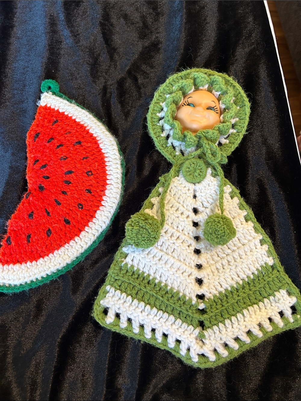 Handmade Green and Cream Crochet Doll Kitchen Towel Holder